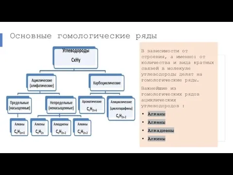 Основные гомологические ряды В зависимости от строения, а именно: от