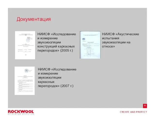 Документация НИИСФ «Исследование и измерение звукоизоляции конструкций каркасных перегородок» (2005