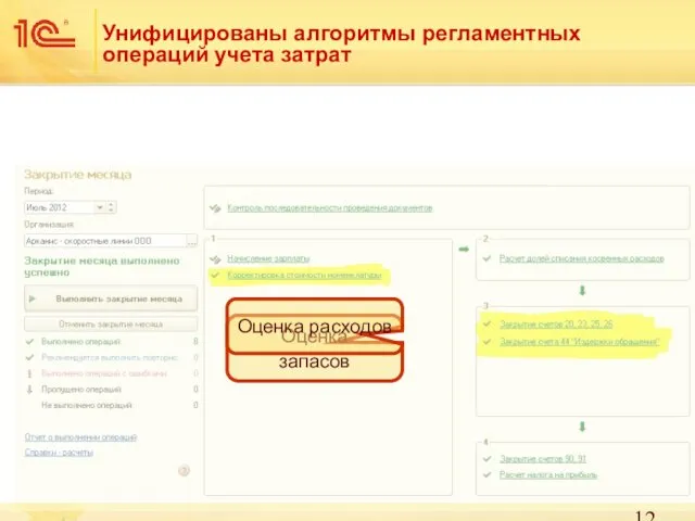 Унифицированы алгоритмы регламентных операций учета затрат Оценка запасов Оценка расходов