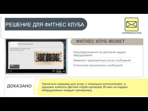 Спецпредложения на дисплеях кардио оборудования Замените традиционную доску сообщений Статистика