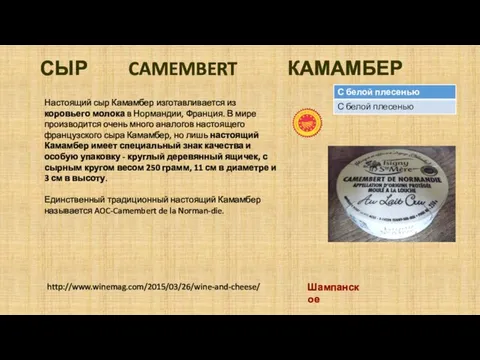 СЫР CAMEMBERT КАМАМБЕР Настоящий сыр Камамбер изготавливается из коровьего молока