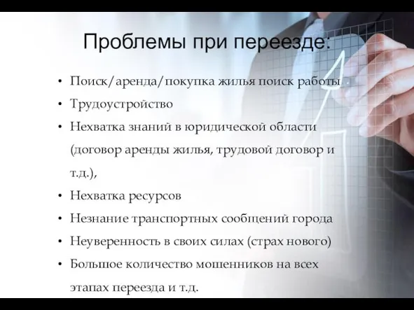 Проблемы при переезде: Поиск/аренда/покупка жилья поиск работы Трудоустройство Нехватка знаний