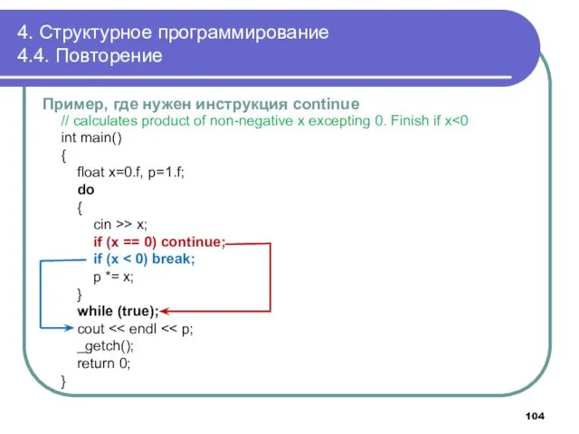 4. Структурное программирование 4.4. Повторение Пример, где нужен инструкция continue // calculates product