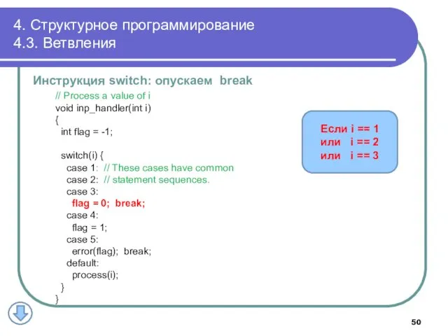 4. Структурное программирование 4.3. Ветвления Инструкция switch: опускаем break // Process a value