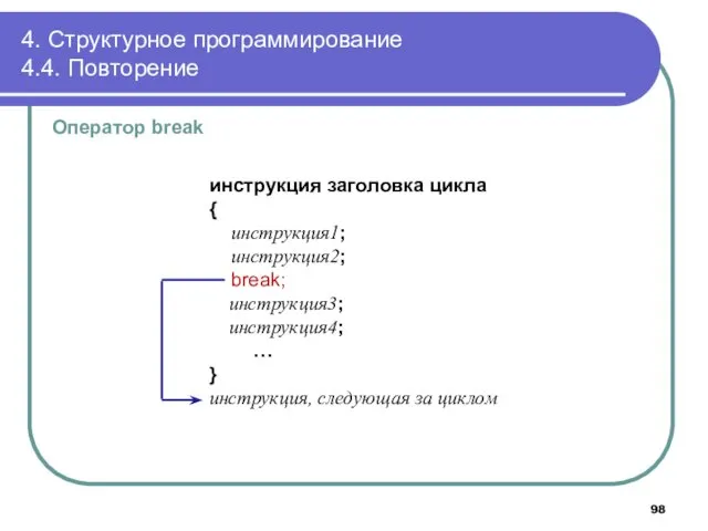 4. Структурное программирование 4.4. Повторение Оператор break инструкция заголовка цикла { инструкция1; инструкция2;