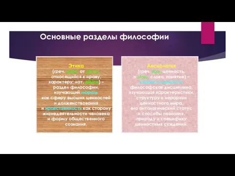 Основные разделы философии Этика (греч. ηθικά, от ηθικός, относящийся к