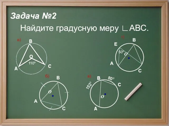 Задача №2 Найдите градусную меру ∟АВС. 110о Е 50о 152о 80о а) б) в) г)