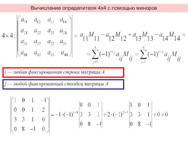 Вычисление определителя 4х4 с помощью миноров i — любая фиксированная