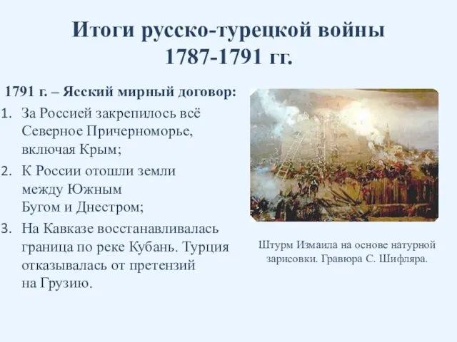 Итоги русско-турецкой войны 1787-1791 гг. 1791 г. – Ясский мирный