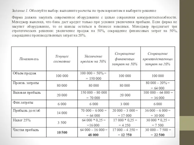 Задание 1. Обоснуйте выбор: выполните расчеты по трем вариантам и