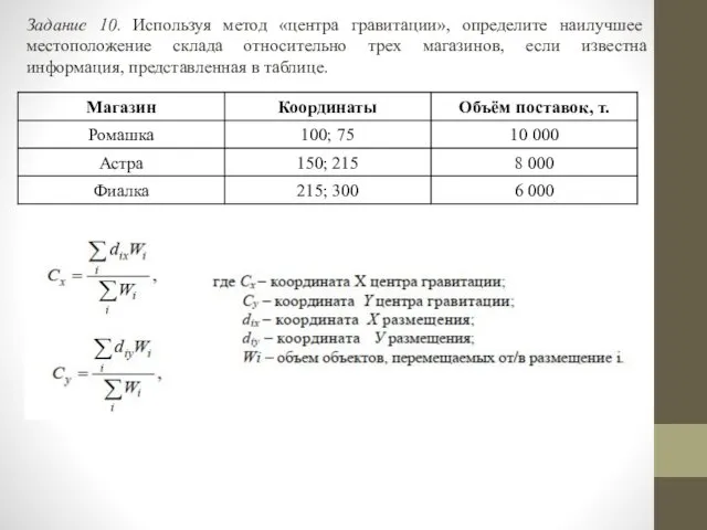 Задание 10. Используя метод «центра гравитации», определите наилучшее местоположение склада