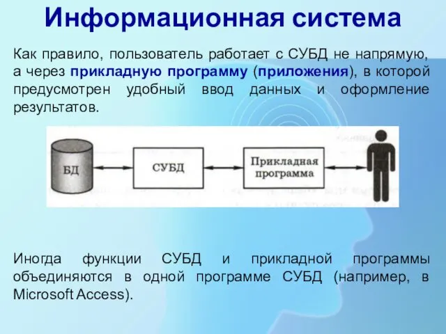 Информационная система Как правило, пользователь работает с СУБД не напрямую,