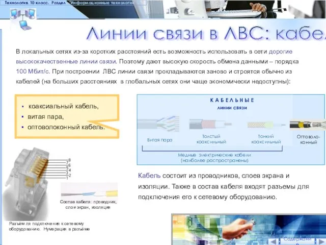 Линии связи в ЛВС: кабели Технология. 10 класс. Раздел "Информационные