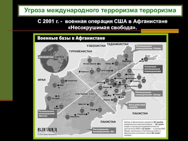 С 2001 г. - военная операция США в Афганистане «Несокрушимая свобода». Угроза международного терроризма терроризма