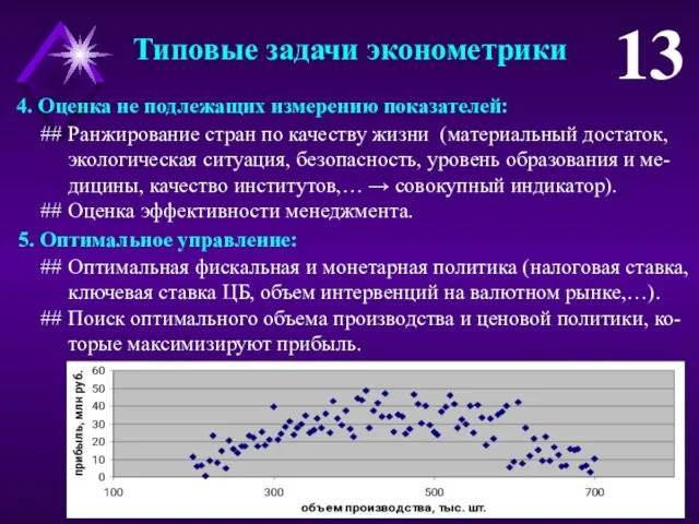 Типовые задачи эконометрики 13 4. Оценка не подлежащих измерению показателей: