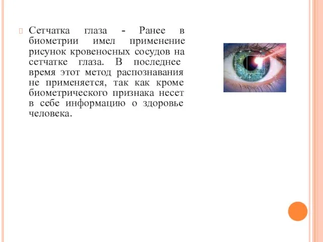 Сетчатка глаза - Ранее в биометрии имел применение рисунок кровеносных сосудов на сетчатке