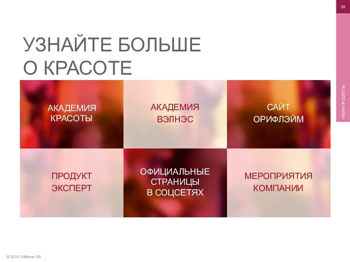 АКАДЕМИЯ КРАСОТЫ © 2016 Oriflame SA НАШИ ПРОДУКТЫ УЗНАЙТЕ БОЛЬШЕ О КРАСОТЕ АКАДЕМИЯ