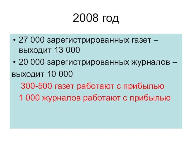 2008 год 27 000 зарегистрированных газет – выходит 13 000 20 000 зарегистрированных