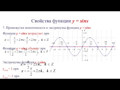 Свойства функции y = sinx 7. Промежутки монотонности и экстремумы функции y =