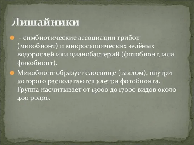 - симбиотические ассоциации грибов (микобионт) и микроскопических зелёных водорослей или