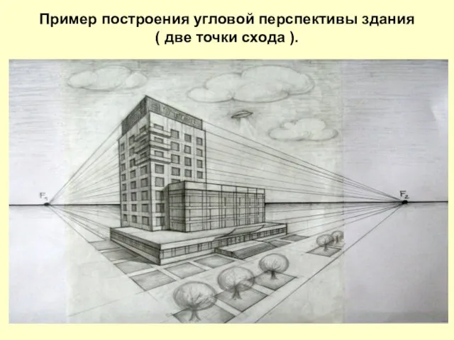 Пример построения угловой перспективы здания ( две точки схода ).