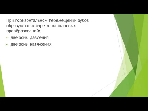 При горизонтальном перемещении зубов образуются четыре зоны тканевых преобразований: две зоны давления две зоны натяжения.