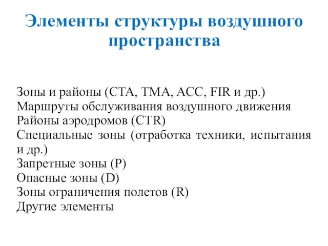 Элементы структуры воздушного пространства Зоны и районы (CTA, TMA, ACC,