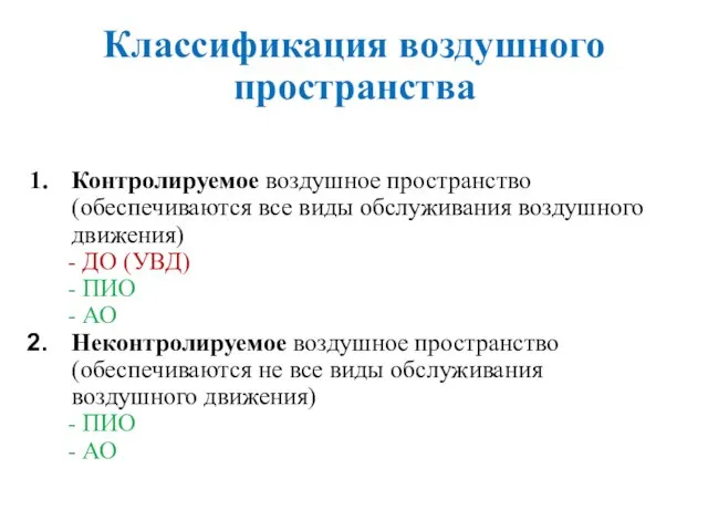 Классификация воздушного пространства Контролируемое воздушное пространство (обеспечиваются все виды обслуживания