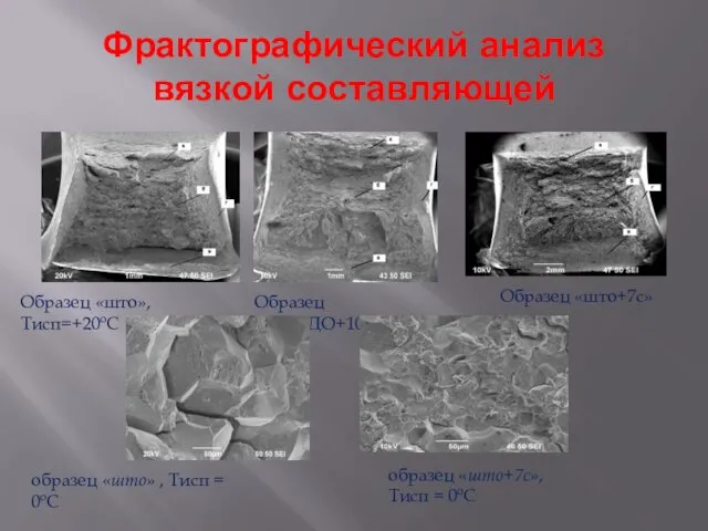 Фрактографический анализ вязкой составляющей Образец «што», Тисп=+20ºС Образец «што+ДО+10с» Образец