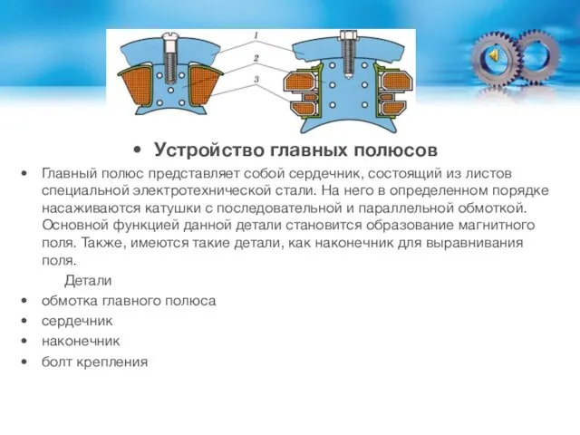 Устройство главных полюсов Главный полюс представляет собой сердечник, состоящий из