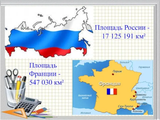 Площадь Франции - 547 030 км² Площадь России - 17 125 191 км²