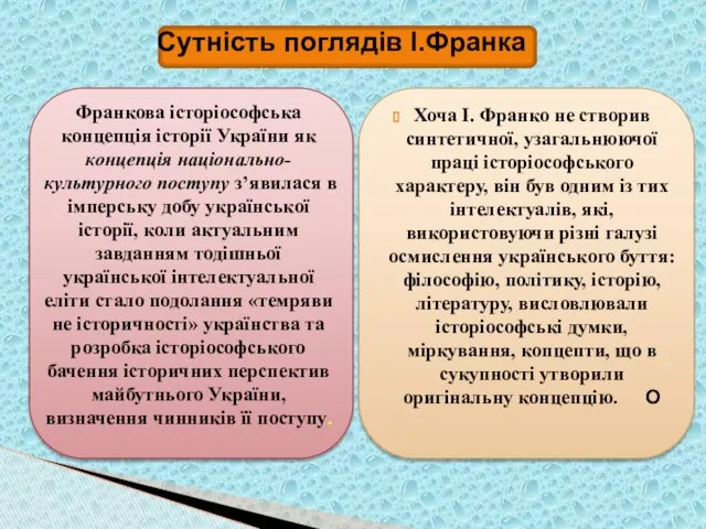 Хоча І. Франко не створив синтетичної, узагальнюючої праці історіософського характеру,