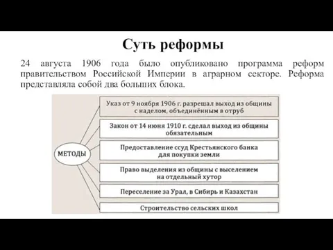 Суть реформы 24 августа 1906 года было опубликовано программа реформ