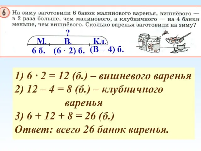 1) 6 · 2 = 12 (б.) – вишневого варенья