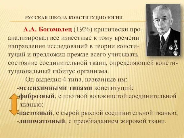 РУССКАЯ ШКОЛА КОНСТИТУЦИОЛОГИИ А.А. Богомолец (1926) критически про- анализировал все известные к тому
