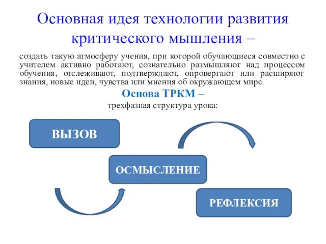 Основная идея технологии развития критического мышления – создать такую атмосферу