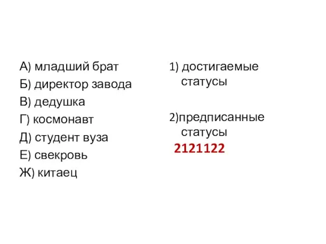 А) младший брат Б) директор завода В) дедушка Г) космонавт