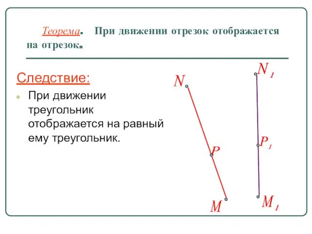 Теорема. При движении отрезок отображается на отрезок. Следствие: При движении