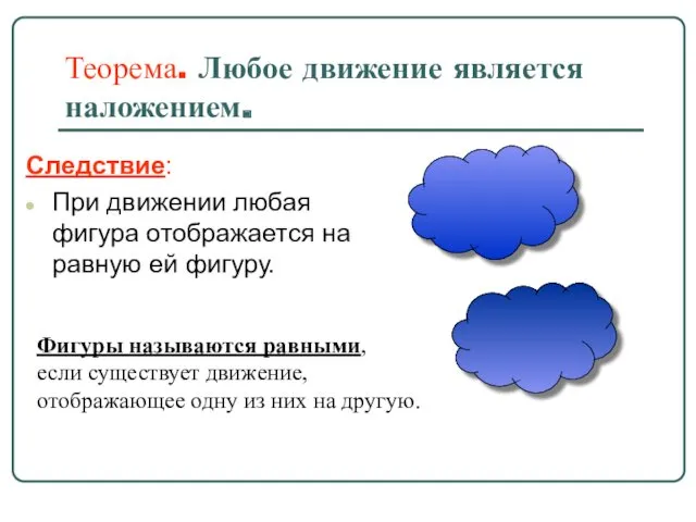 Теорема. Любое движение является наложением. Следствие: При движении любая фигура