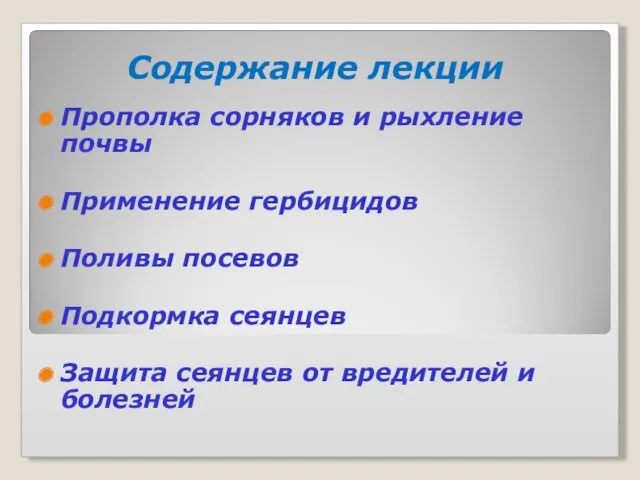 Содержание лекции Прополка сорняков и рыхление почвы Применение гербицидов Поливы