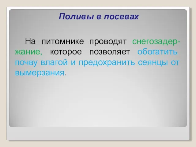 Поливы в посевах На питомнике проводят снегозадер-жание, которое позволяет обогатить