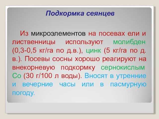 Подкормка сеянцев Из микроэлементов на посевах ели и лиственницы используют