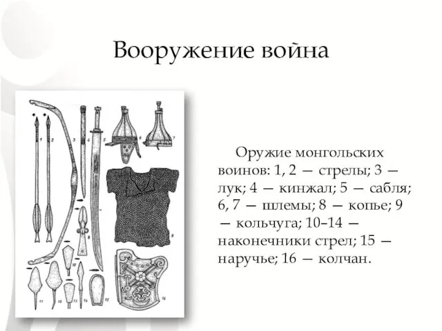 Вооружение война Оружие монгольских воинов: 1, 2 — стрелы; 3 — лук; 4