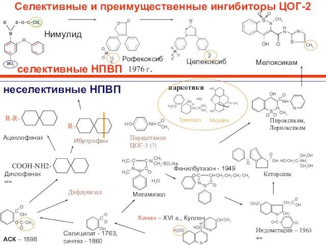 Мелоксикам Диклофенак slow Ибупрофен Ацеклофенак СООН-NH2- Селективные и преимущественные ингибиторы