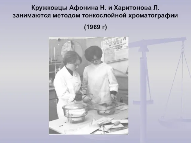 Кружковцы Афонина Н. и Харитонова Л. занимаются методом тонкослойной хроматографии (1969 г)