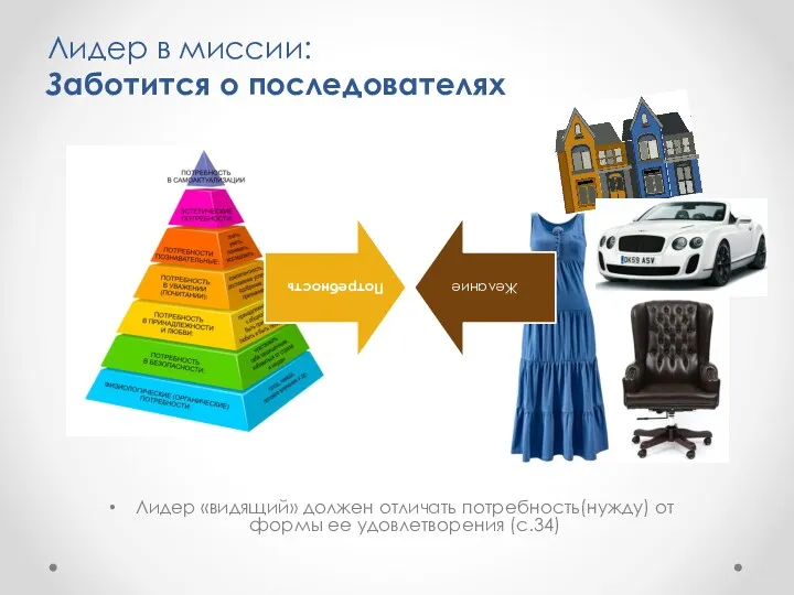 Лидер в миссии: Заботится о последователях Лидер «видящий» должен отличать потребность(нужду) от формы ее удовлетворения (с.34)