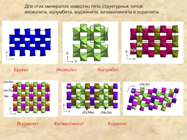 Для этих минералов известно пять структурных типов: иксиолита, колумбита, воджинита,