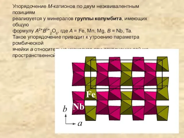 Упорядочение M-катионов по двум неэквивалентным позициям реализуется у минералов группы