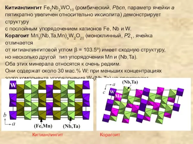 Китианлингит Fe2Nb2WO10 (ромбический, Pbcn, параметр ячейки a пятикратно увеличен относительно