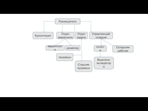 Руководитель Бухгалтерия Отдел маркетинга Отдел кадров Управляющий складом маркетологи дизайнер логисты Складские рабочие